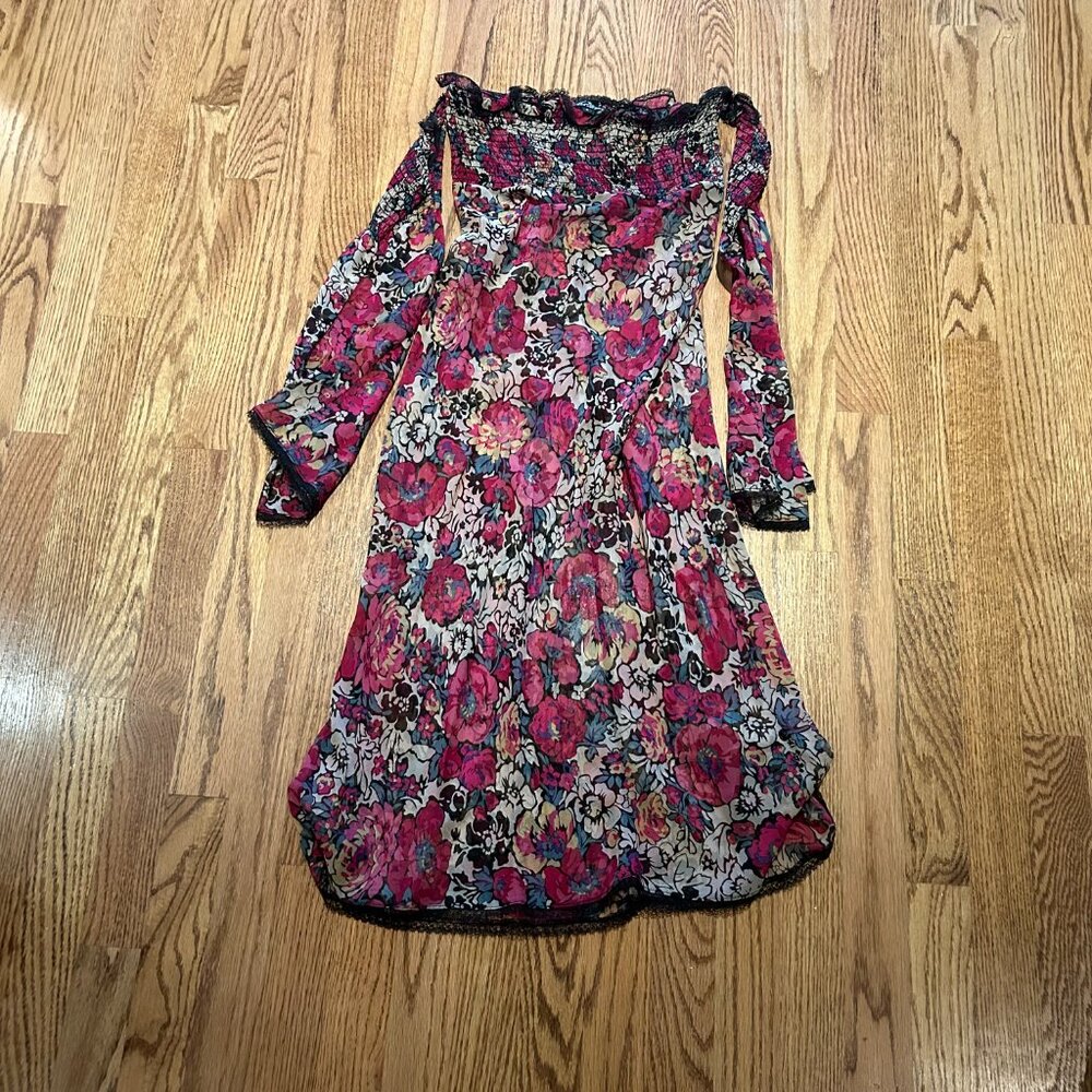 Betsey Johnson Off the Shoulder Dress Black Floral Print 6